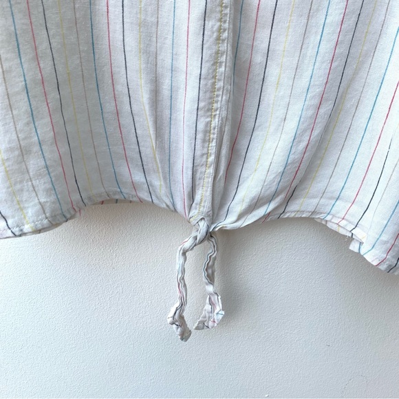 M&S Women's Size 24 100% Linen Top Cream Rainbow Vertical Stripe Boxy Tie Loose - Picture 4 of 8